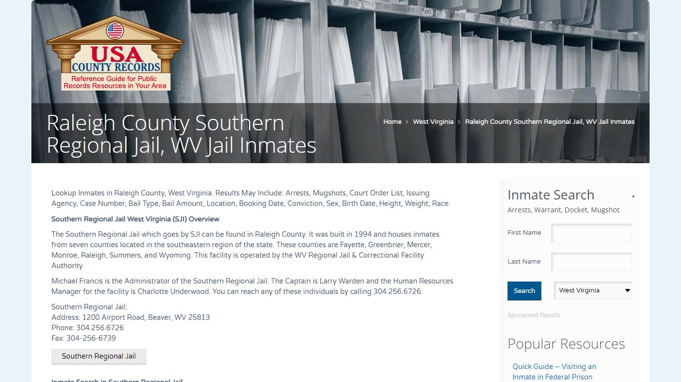 Raleigh County Southern Regional Jail, WV Jail Inmates
